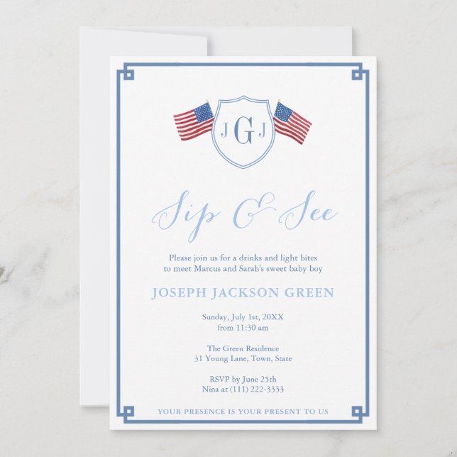 Classic All-American Sip And See Meet Baby Party Invitation (Front)
