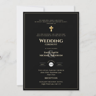 CLASSIC All-in-1 Black Gold Text Catholic Wedding Invitation