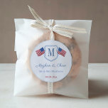 Classic American Flag Monogram Wedding Favour Classic Round Sticker<br><div class="desc">Thank you stickers for any event (shown here for a Wedding but all of the text fields are customizable). The design features a simple single letter monogram crest flanked by a hand painted USA flag on each side.</div>