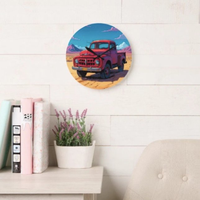 Classic American Pickup  Large Clock (Vintage Red Truck Clock Backside hanging slot  non-ticking design. 2 sizes: 8" diameter or 10.75" di)