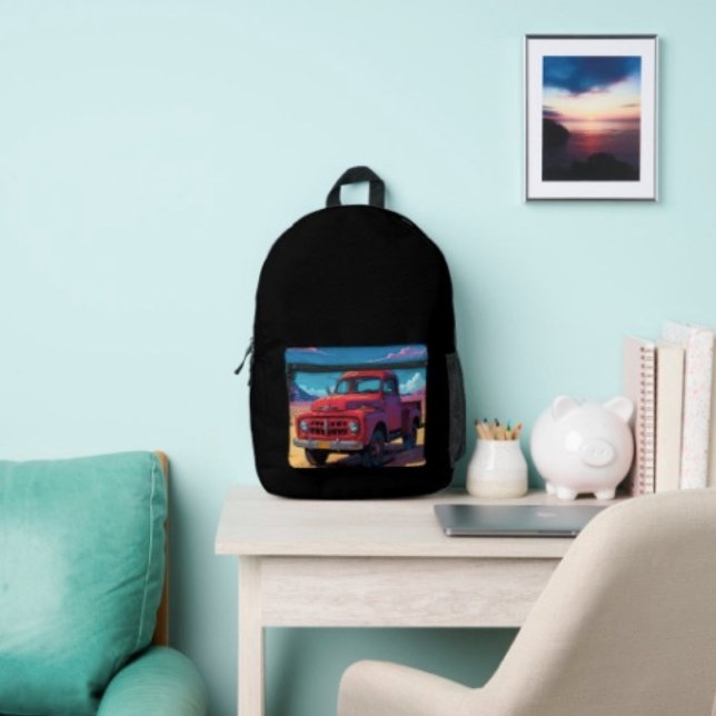 Classic American Pickup Printed Backpack (Retro Red Pickup Truck- Backpack lightweight and durable padded shoulder straps. 
)