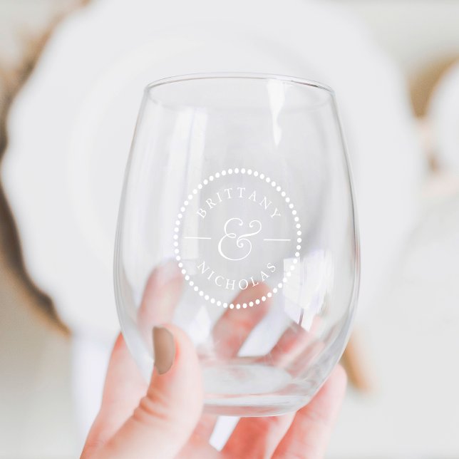 Classic Ampersand Dot Border Personalized Wedding Stemless Wine Glass (Creator Uploaded)