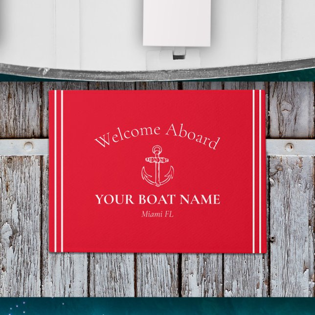 Classic Anchor and Boat Name Bright Red Nautical Doormat (Welcome Aboard Personalized Nautical Welcome Mat with Your Boat Name and Home Port in Bright Red)