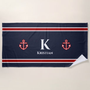 Classic Anchor Nautical Red White Blue Monogram Beach Towel
