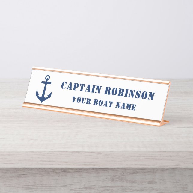 Classic Anchor Your Captain Title Boat Name Gold Desk Name Plate (Front)
