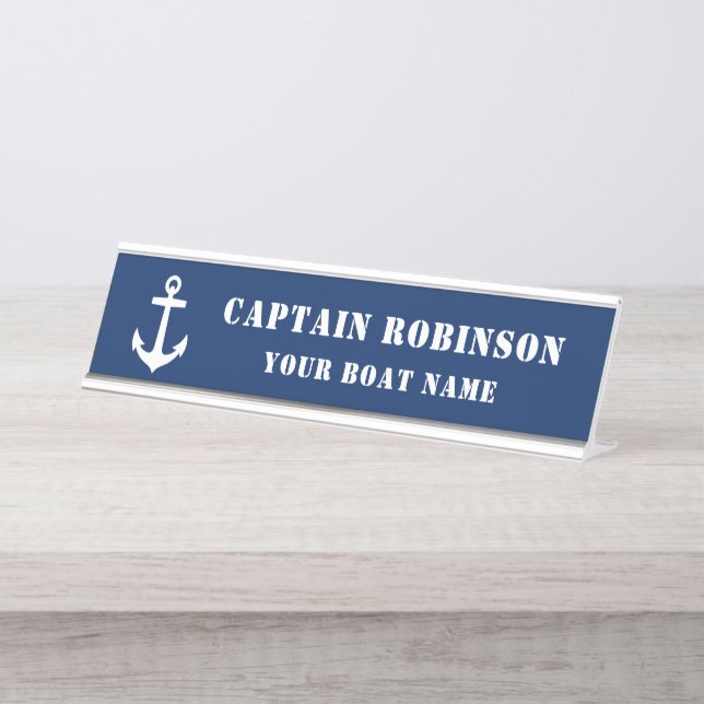 Classic Anchor Your Captain Title Boat Name Navy Desk Name Plate (Front)
