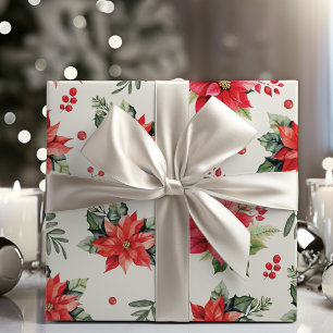 Classic And Charming Red Poinsettias And Berries  Wrapping Paper