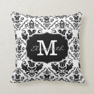 Classic and Chic Black White Damask Monogram Name Throw Pillow