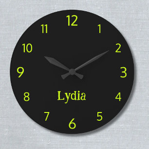 Classic and Elegant Black and Lime Yellow Name  Large Clock