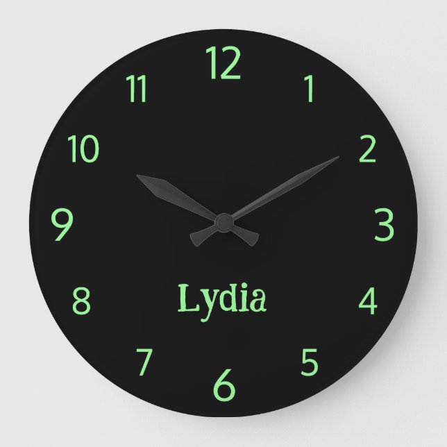 Classic and Elegant Black and Neon Mint Name  Large Clock (Front)