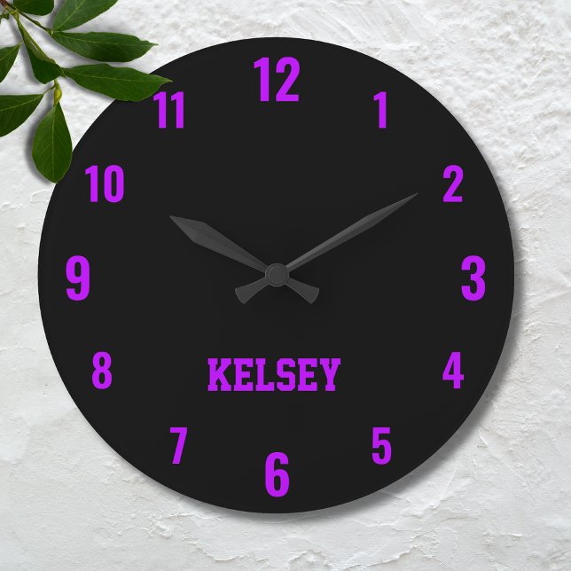 Classic and Elegant Black and Neon Purple Name  Large Clock (Creator Uploaded)