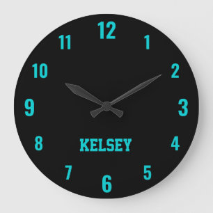 Classic and Elegant Black and Neon Turquoise Name  Large Clock