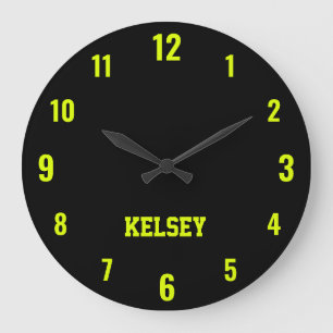 Classic and Elegant Black and Neon Yellow Name  Large Clock