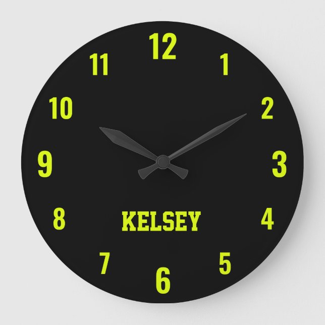 Classic and Elegant Black and Neon Yellow Name  Large Clock (Front)