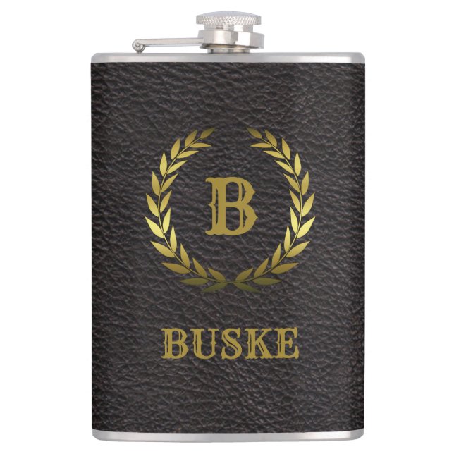 Classic and Elegant Gold on Black Personalized Hip Flask (Front)