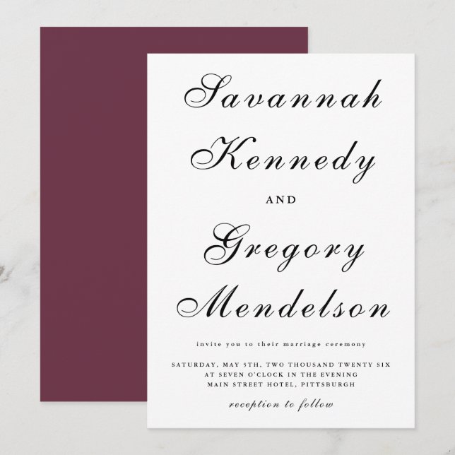 Classic and Elegant Script Burgundy Wedding Invitation (Front/Back)