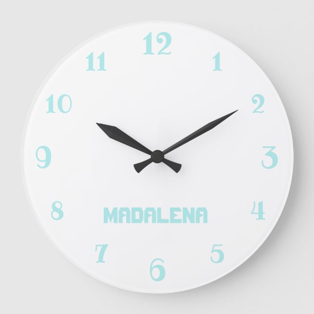 Classic and Elegant White Pastel Turquoise Name  Large Clock (Front)
