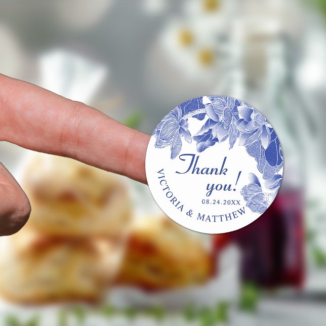 Classic and Modern Blue White Floral Thank You Classic Round Sticker (Creator Uploaded)