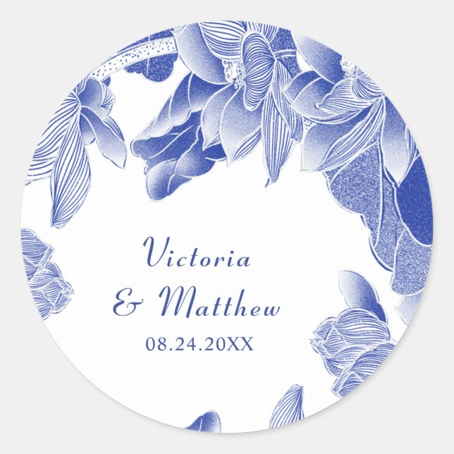Classic and Modern Blue White Floral Wedding  Classic Round Sticker (Front)