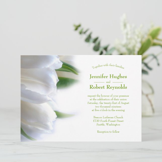 Classic and Romantic Budget White Floral Wedding Invitation (Standing Front)