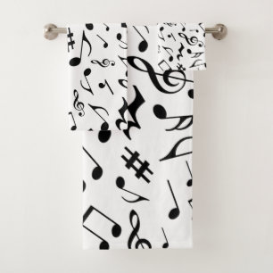 Classic and Simple Black Music Notes on White Bath Towel Set