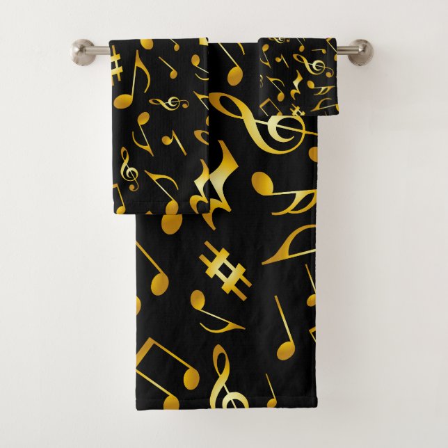 Classic and Simple FAUX Gold Music Notes on Black Bath Towel Set (Insitu)