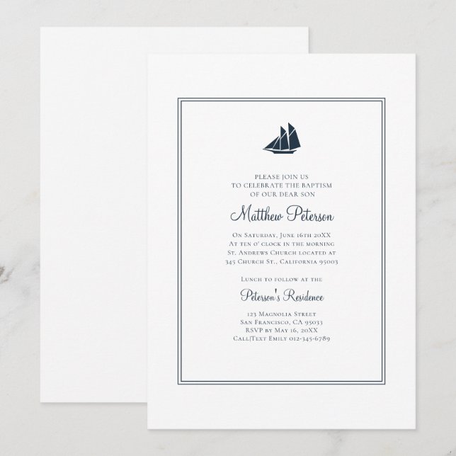 Classic and Simple Navy Baptism Invitation (Front/Back)