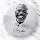 Classic and Simple Photo Memorial 2 Inch Round Button<br><div class="desc">This simple and classic design is composed of serif and cursive script typography and add a custom photo. Photo has a black and white filter applied to it.</div>
