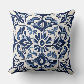 Classic Andalusian Mosaic ,Blue and White Throw Pillow