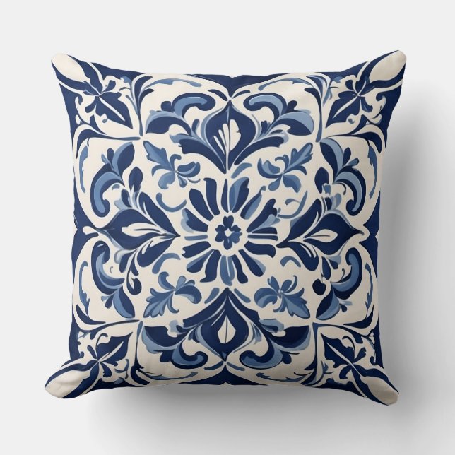 Classic Andalusian Mosaic ,Blue and White Throw Pillow (Front)