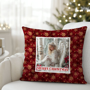 Classic Angel Poinsettia Red Gold Holiday Christma Throw Pillow