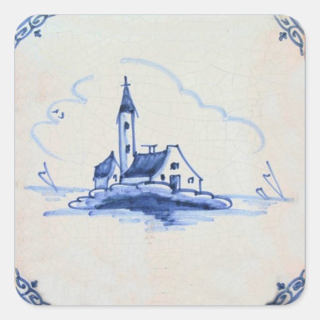Classic Antiquarian Delft Blue Tile - Church Square Sticker (Front)
