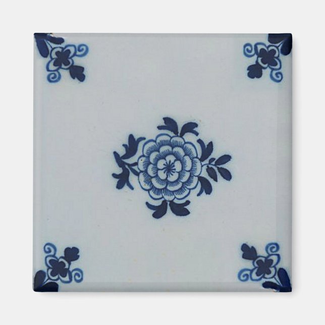 Classic Antiquarian Delft Blue Tile - Floral Motif Magnet (Front)