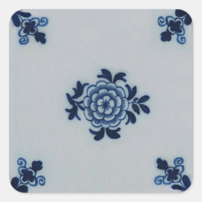Classic Antiquarian Delft Blue Tile - Floral Motif Square Sticker (Front)