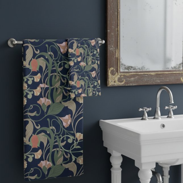 Classic Antique Blue Art Nouveau Floral Pattern Bath Towel Set (Creator Uploaded)