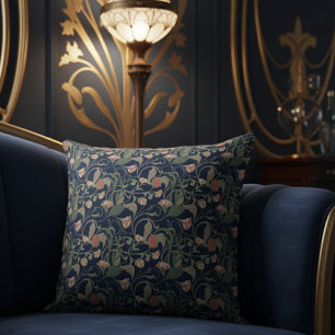 Classic Antique Blue Art Nouveau Floral Pattern Throw Pillow