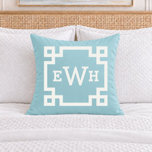 Classic Aqua Greek Key Monogram Initial Throw Pillow