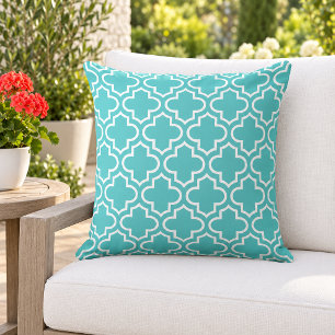 Classic Aqua White Quatrefoil Trellis Outdoor Pillow