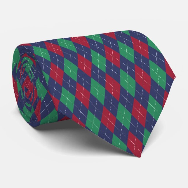 Classic Argyle Blue Red Green Christmas Tie (Rolled)