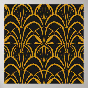 Classic Art Deco Fan Pattern Black Gold Roaring Poster