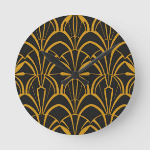 Classic Art Deco Fan Pattern Black Gold Roaring  Round Clock