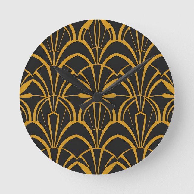 Classic Art Deco Fan Pattern Black Gold Roaring  Round Clock (Front)