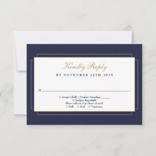 Classic Art Deco Navy Blue and Gold Wedding RSVP Card