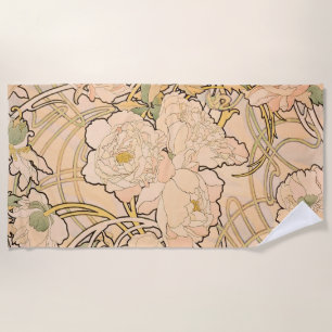 Classic Art Nouveau Peony Garden Pattern by Mucha Beach Towel