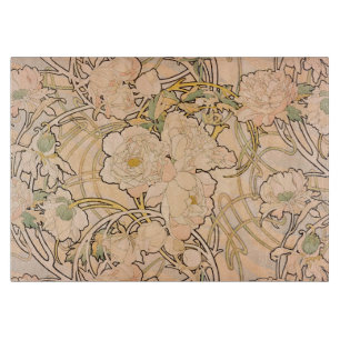 Classic Art Nouveau Peony Garden Pattern by Mucha Cutting Board