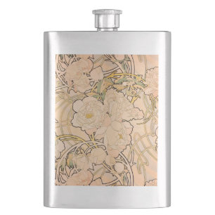 Classic Art Nouveau Peony Garden Pattern by Mucha Hip Flask