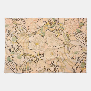 Classic Art Nouveau Peony Garden Pattern by Mucha Kitchen Towel