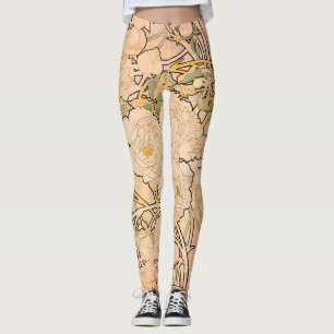 Classic Art Nouveau Peony Garden Pattern by Mucha Leggings