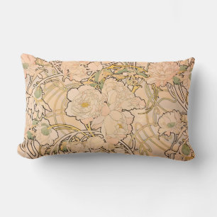 Classic Art Nouveau Peony Garden Pattern by Mucha Lumbar Pillow