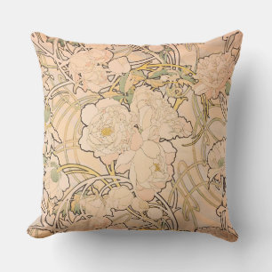 Classic Art Nouveau Peony Garden Pattern by Mucha Outdoor Pillow